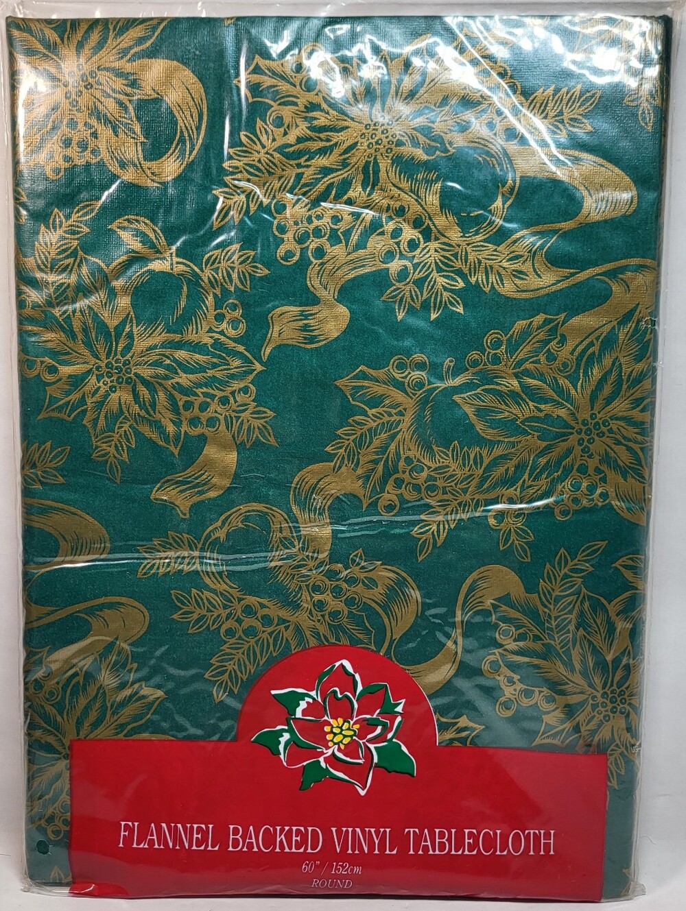 Town & Country Christmas TABLECLOTH 60" Round Flannel Back Vinyl Green Gold NOS